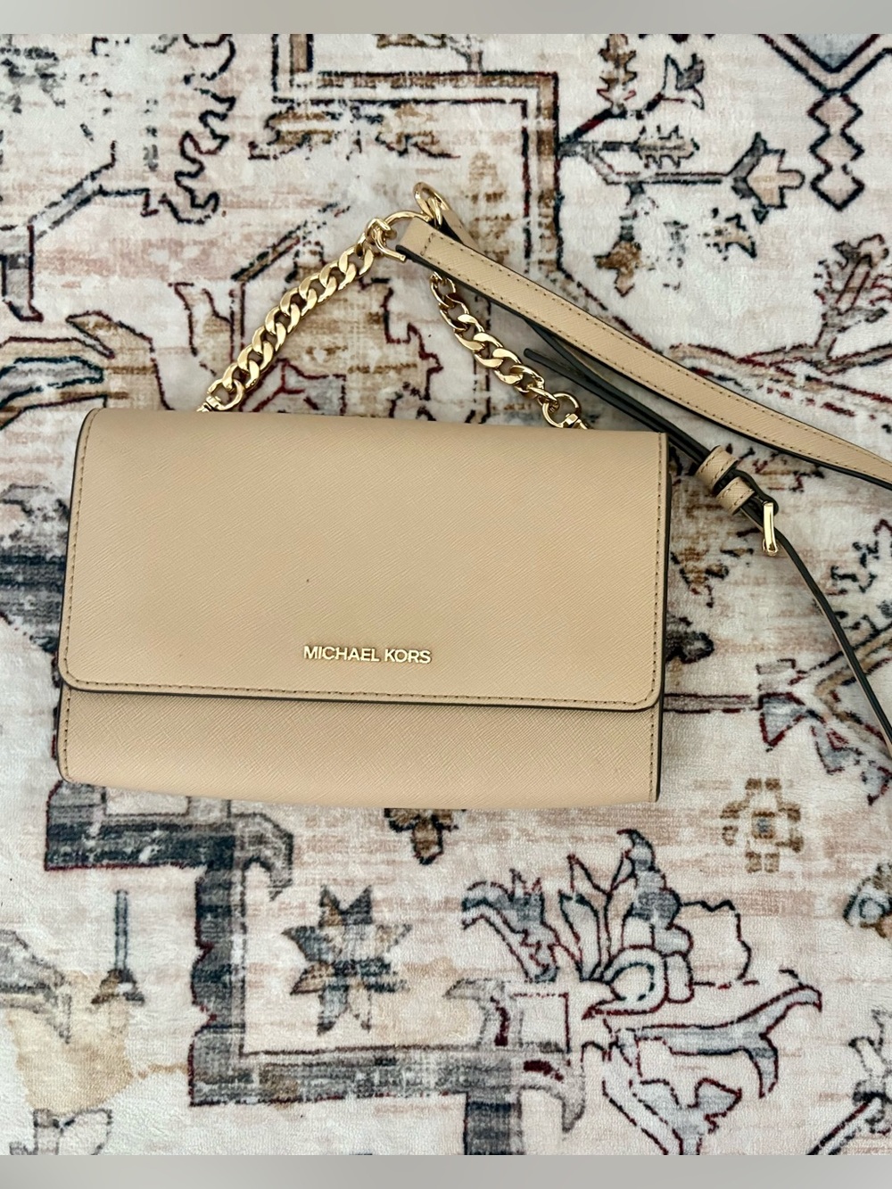 Michael Kors Jet Set Saffiano Leather Flap Crossbody Bag Beige